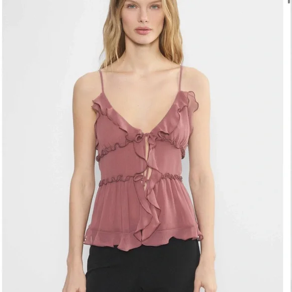 Aritzia Wilfred Amore Cami NWT Dusty Rose Ruffle Tie-Front Chiffon Tank - Picture 3 of 13